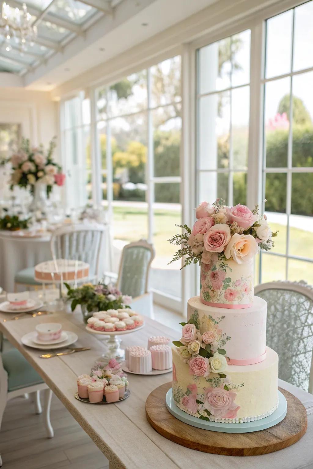 A dessert showcase featuring a pastel shade scheme, establishing a gentle and welcoming atmosphere.