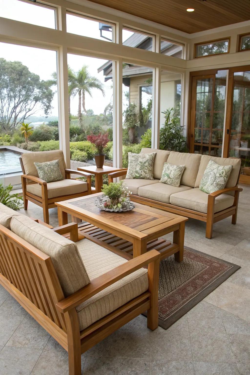 Weather-resistant teak furniture in a California room.