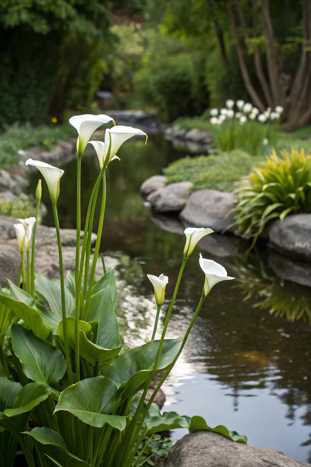 Radiant snowdrops thriving by a serene garden water feature.