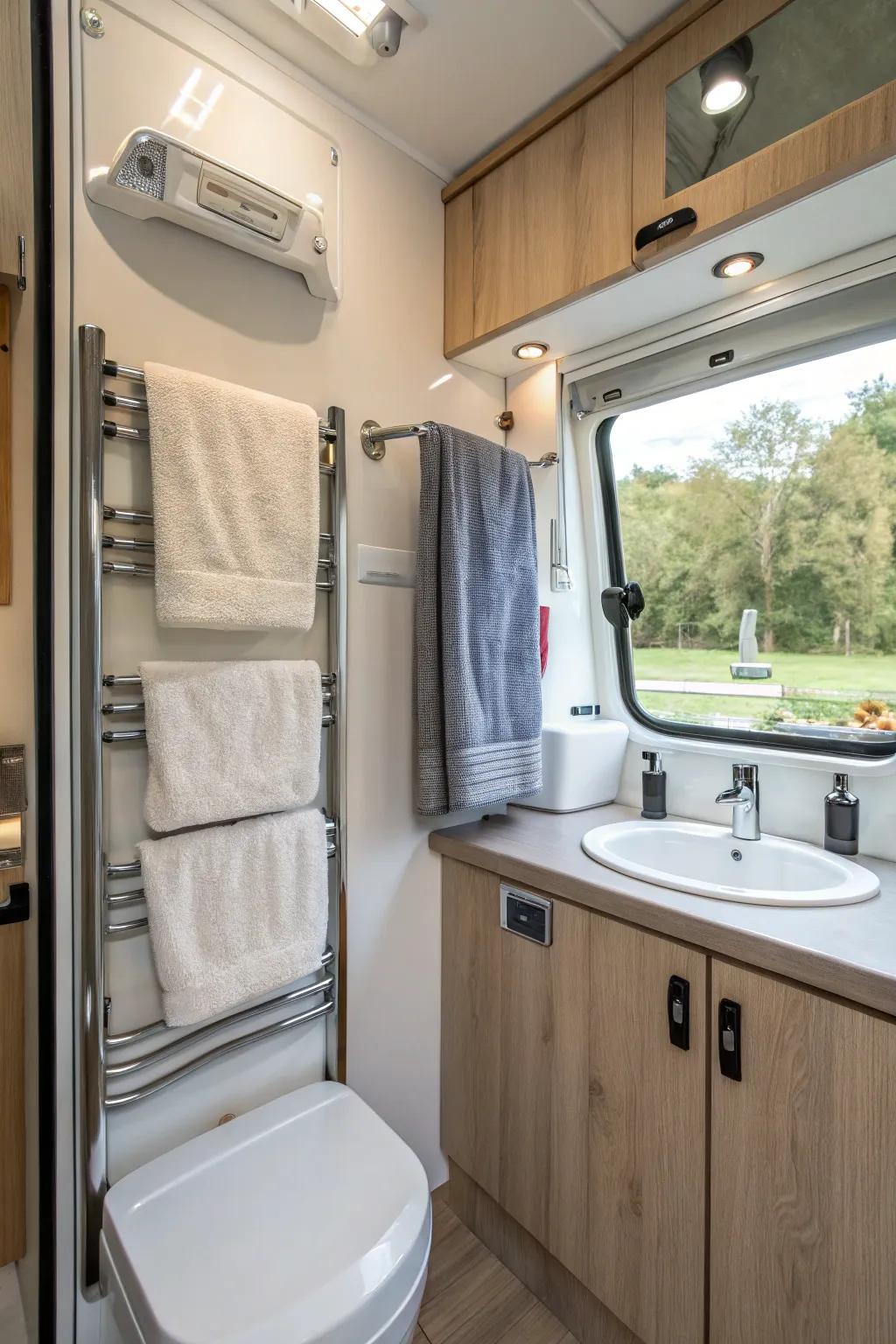 Stylish towel bars in a camper van bathroom.