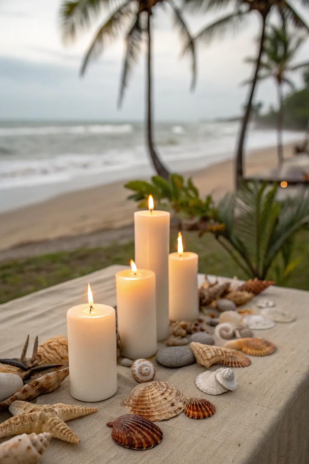 Shore-inspired candle display featuring aquatic shells.