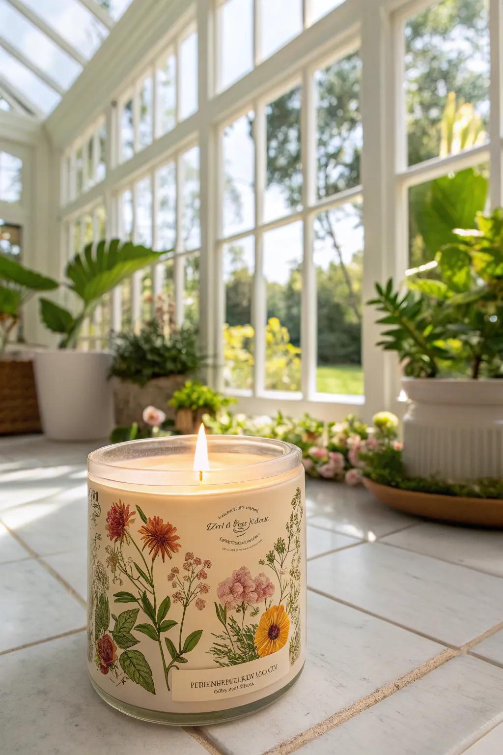 Plant based candle stickers transporting nature's splendor inside.