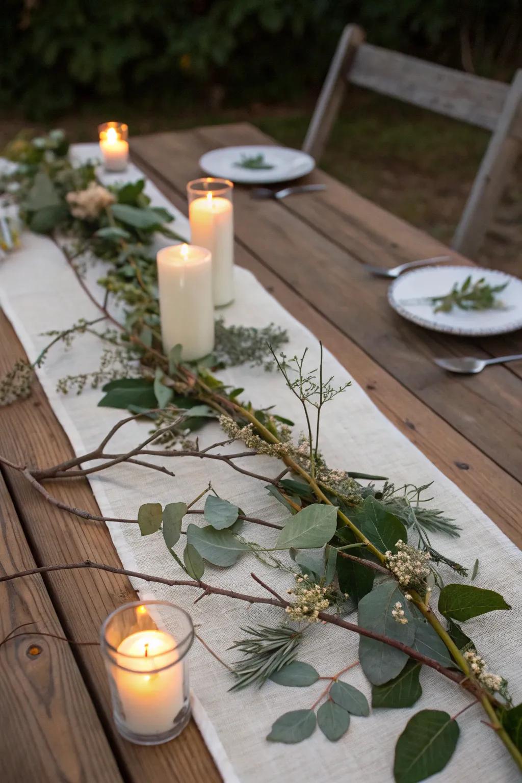 A rustic table path with raw elements and flames.
