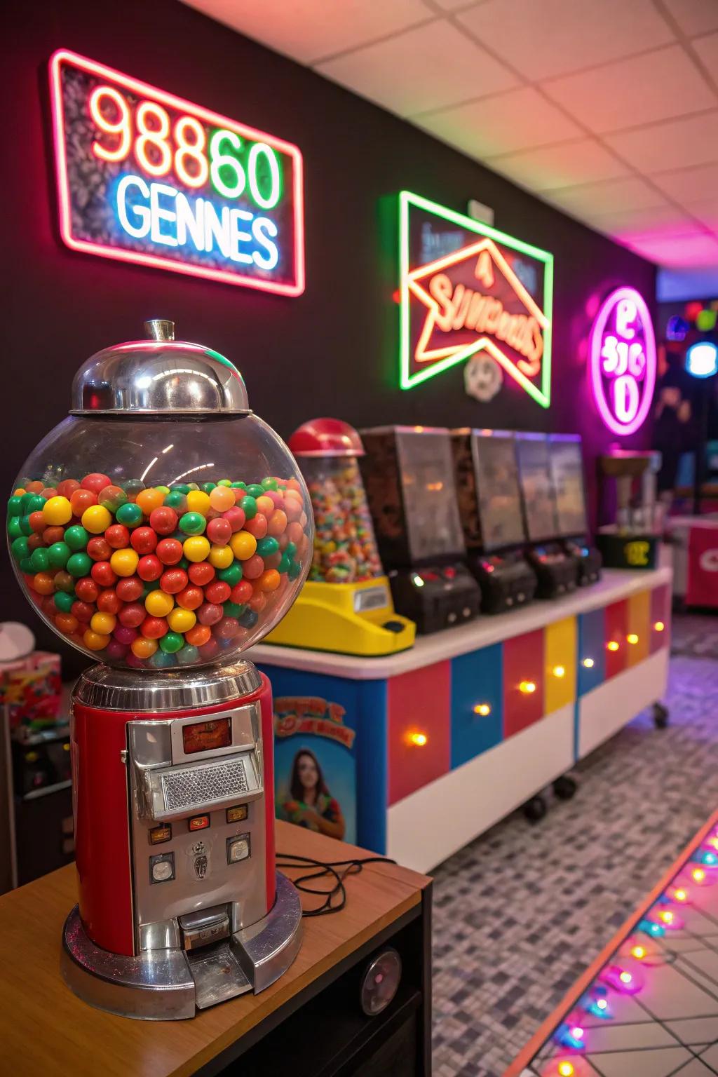 A vibrant retro candy station, brimming with bold 1980s colors and nostalgic sweets.