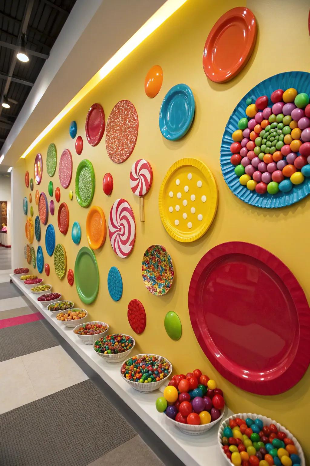 Vibrant platters wrapped as candies introduce charm to your walls.
