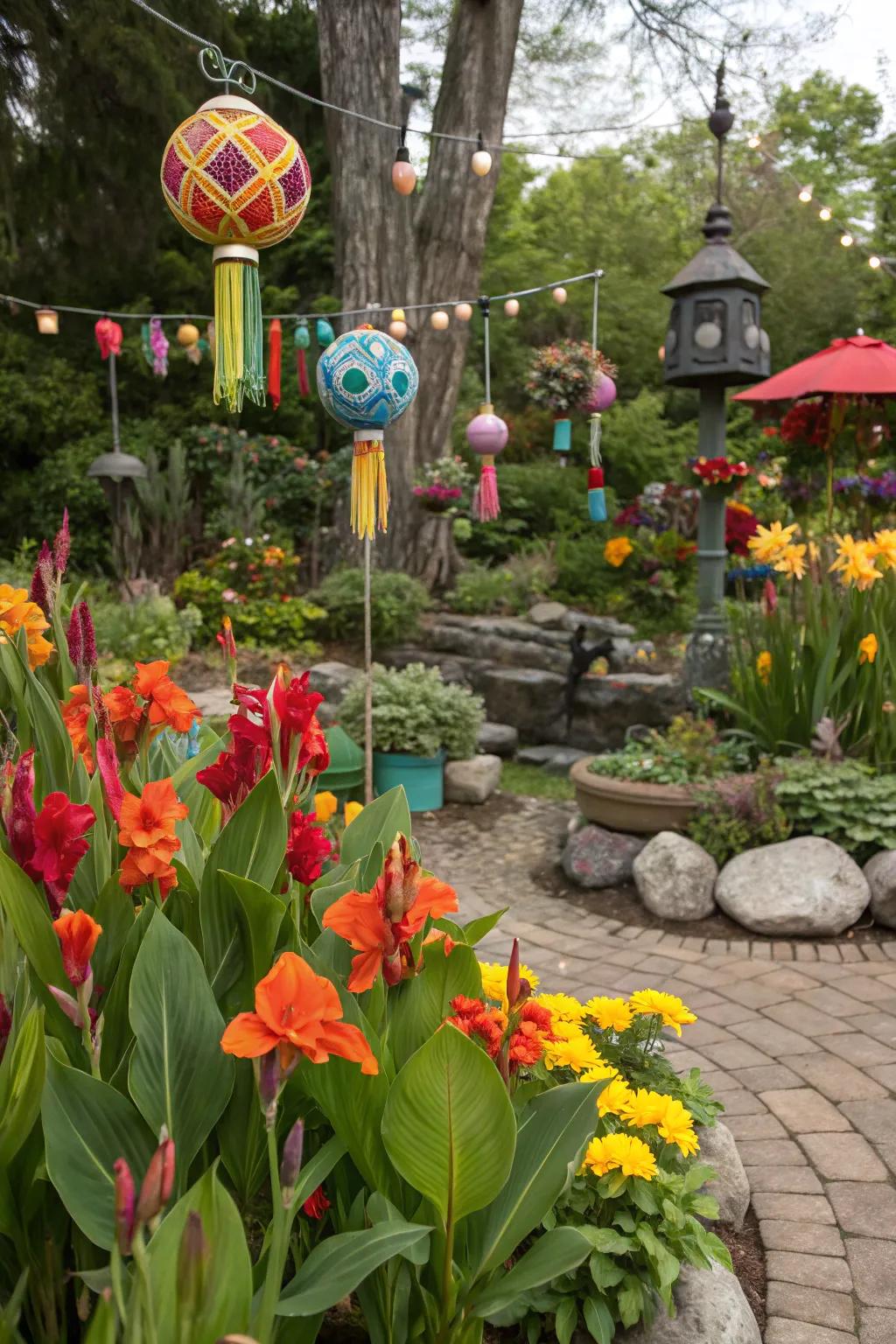 A whimsical wonderland with majestic blooms and garden ornaments.