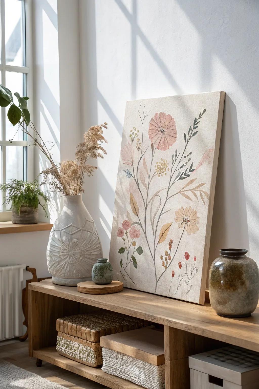 Discover the allure of combined mediums: where pigment meets fabric and paper in delicate balance.