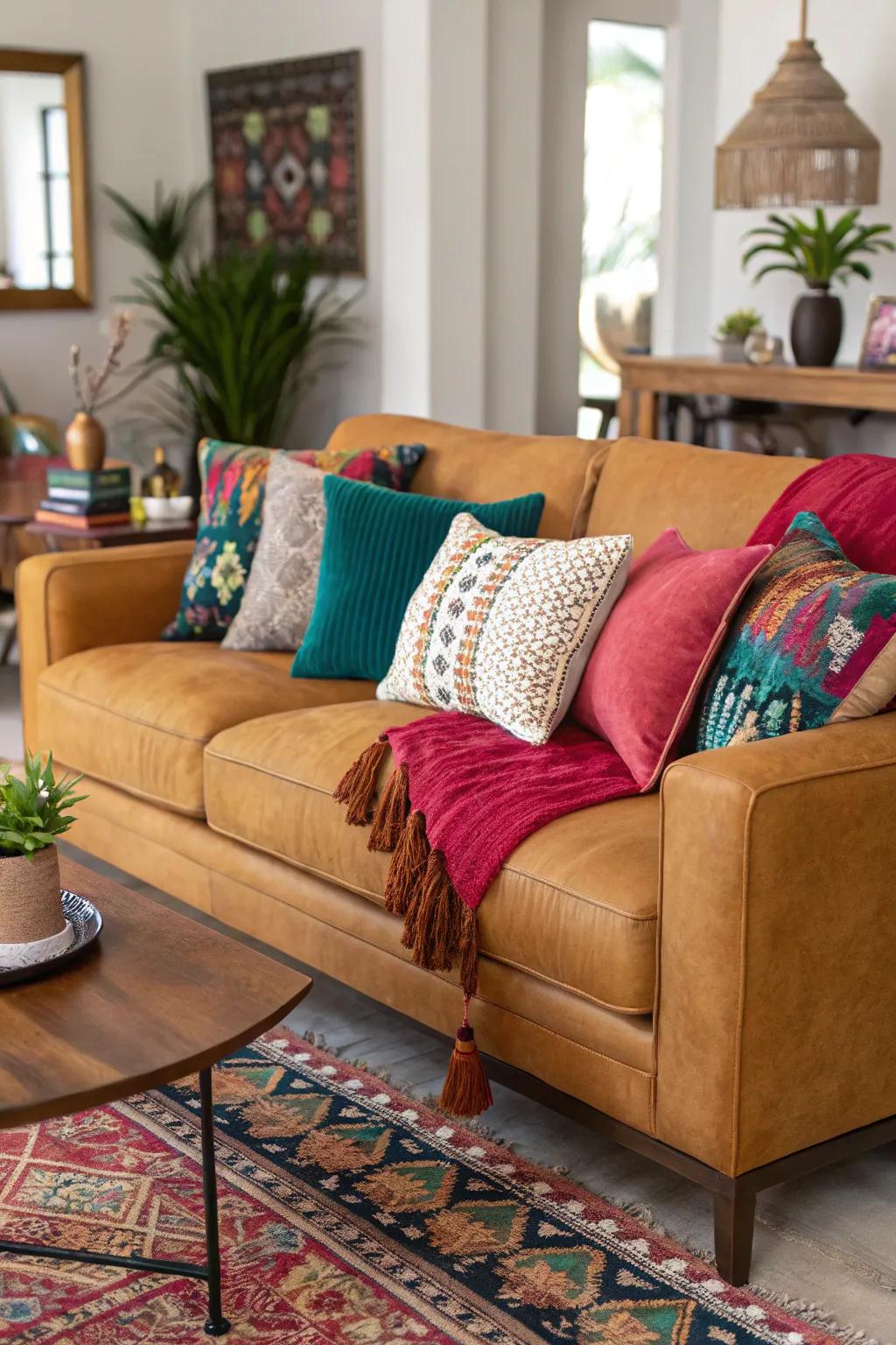 Gem tones add vibrant contrast to a honey-toned sofa.