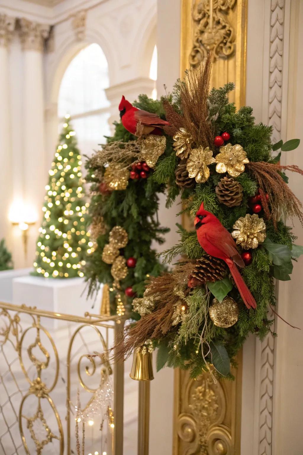 A dazzling cardinal wreath injecting holiday glamour.