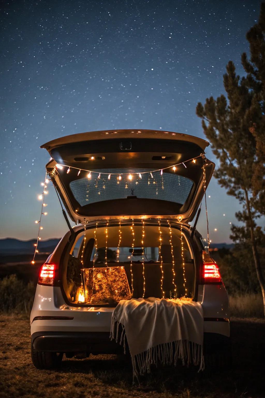A trunk is shining with twinkle lights, which makes it perfect for nighttime carnival events.