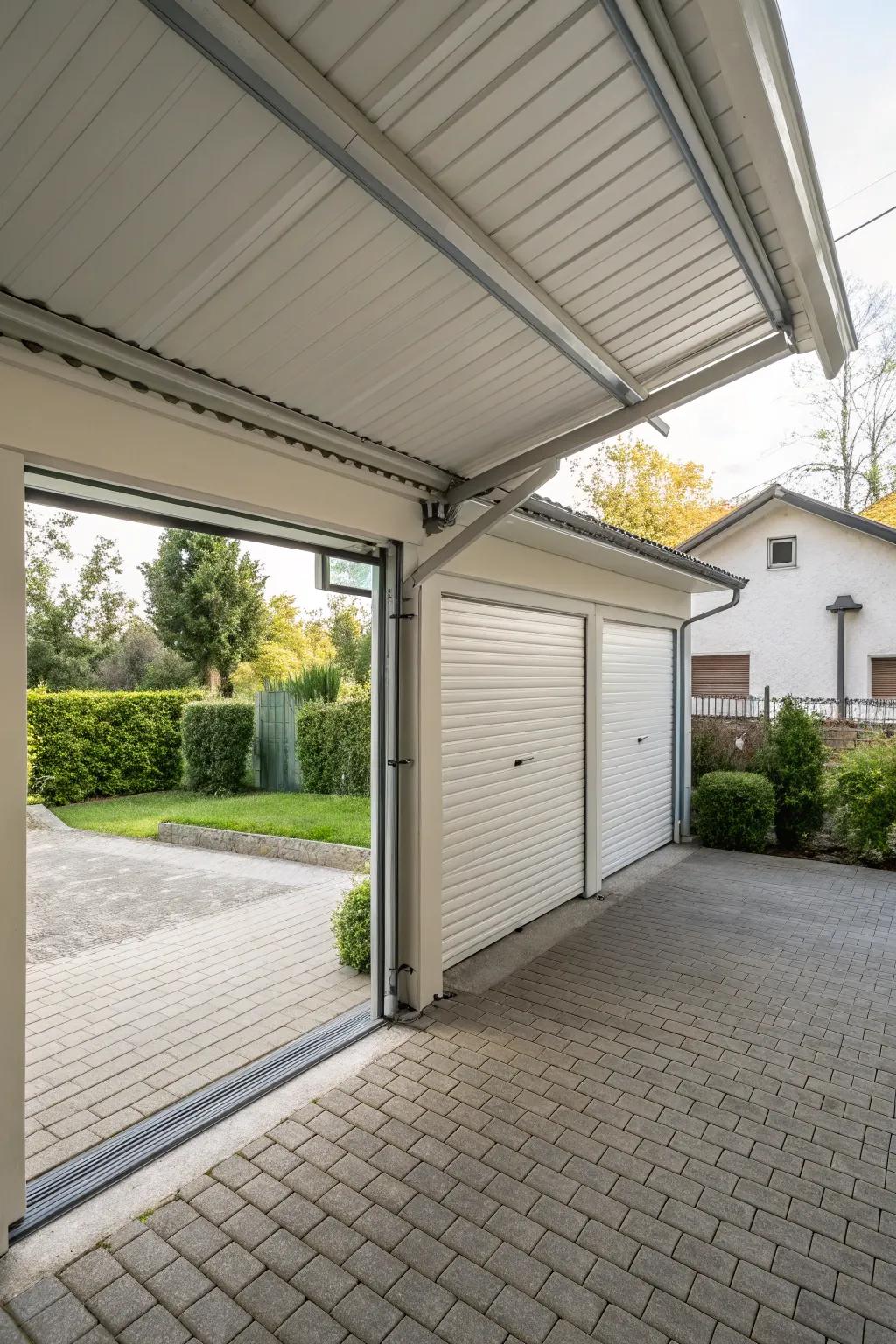 An enclosed carport with coiling doors, providing security and weather protection.
