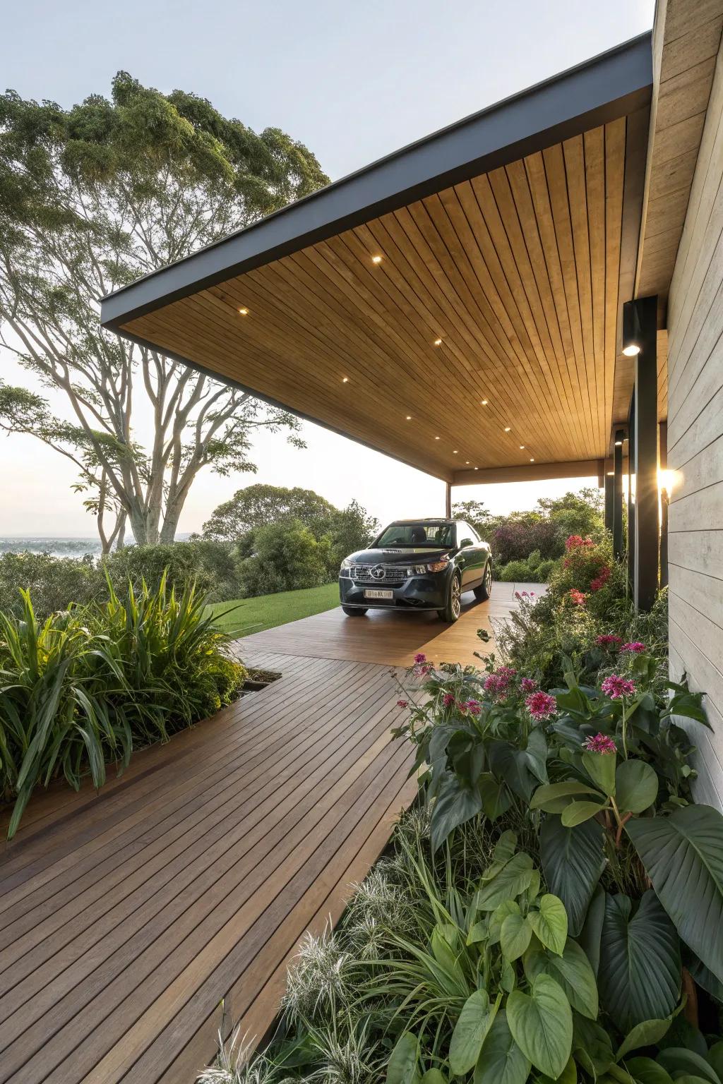 A timber deck brings warmth and nature to your carport.