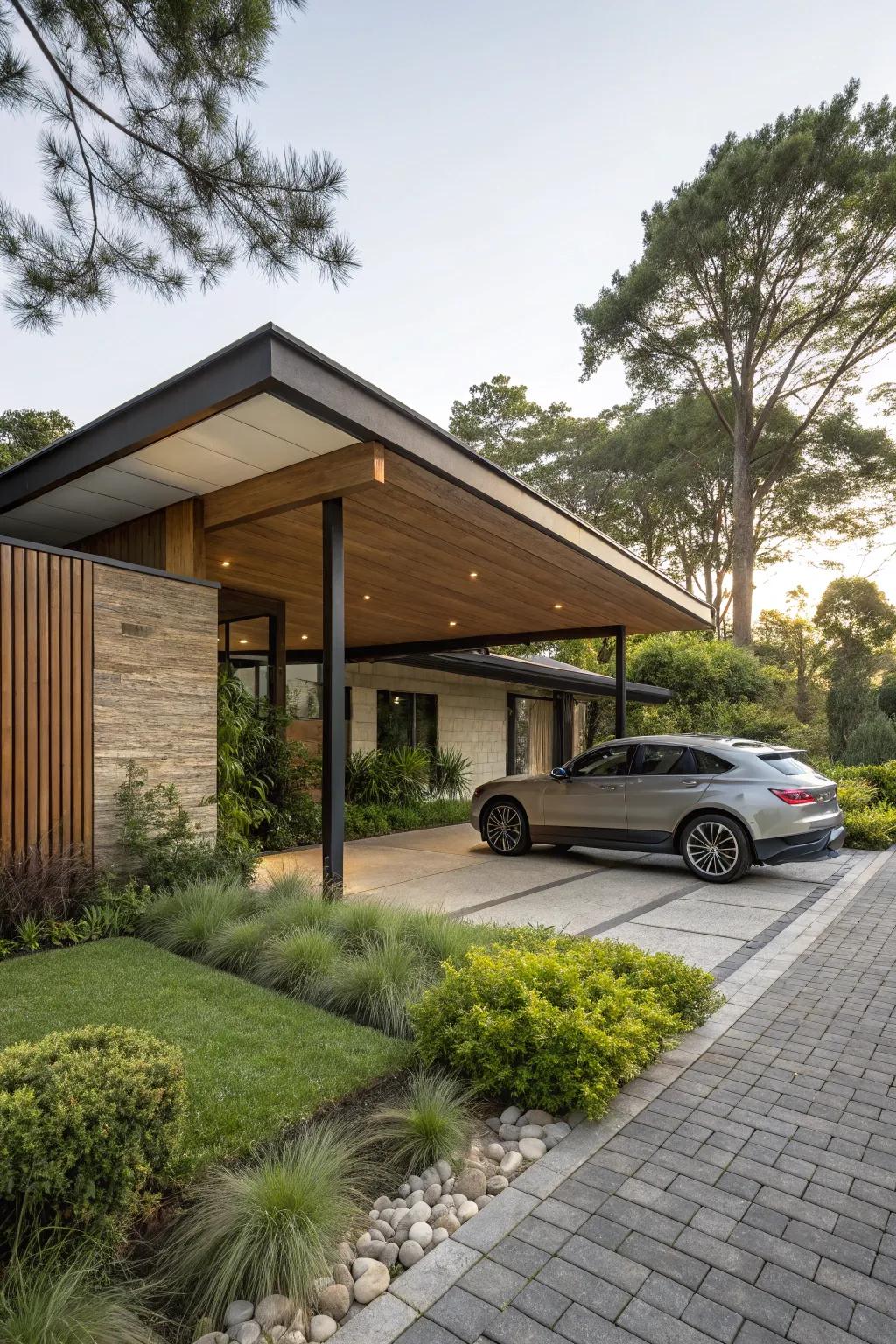 A carport that harmonizes seamlessly with its encircling setting.