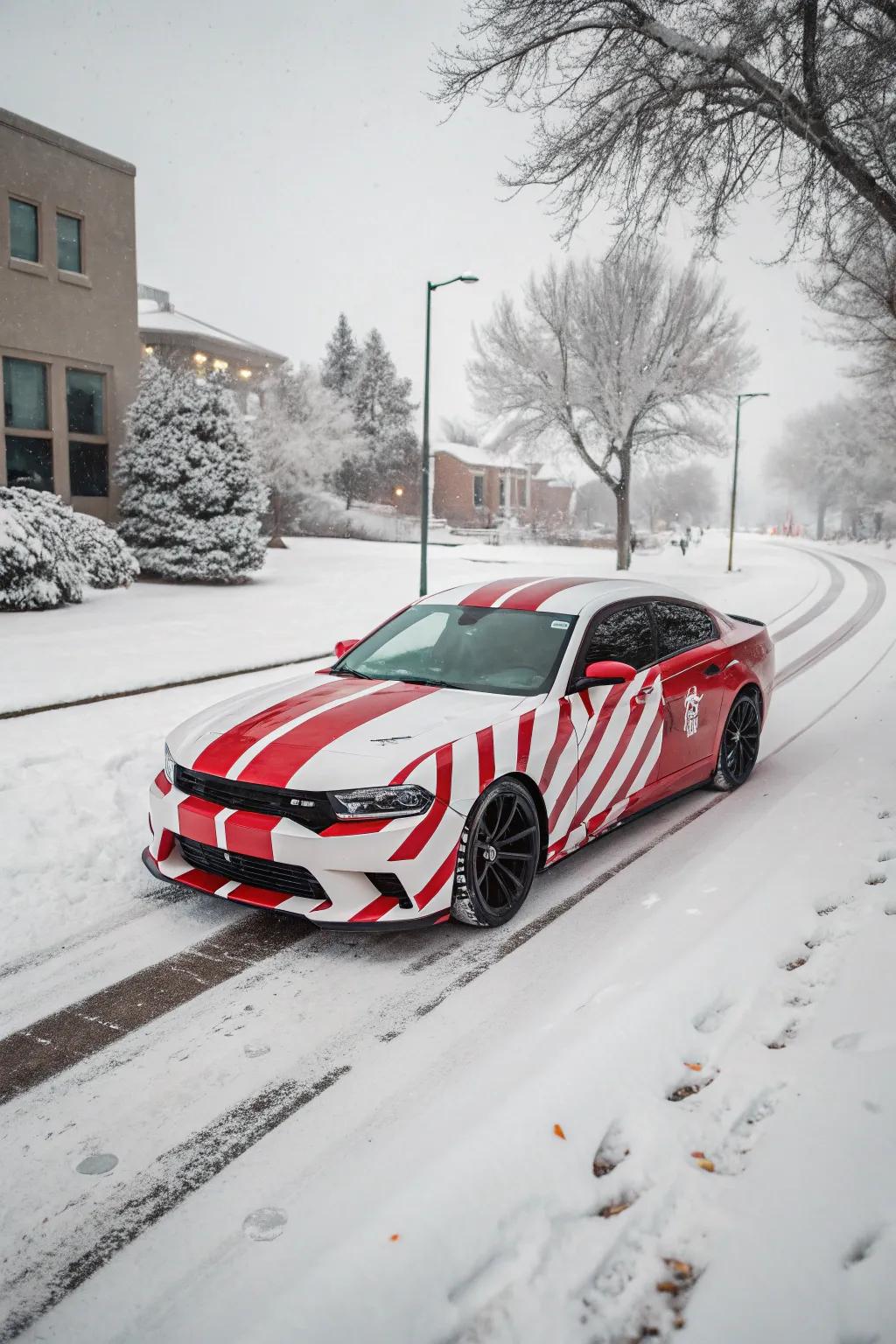 A car with candy cane stripes, bringing sweet holiday joy.