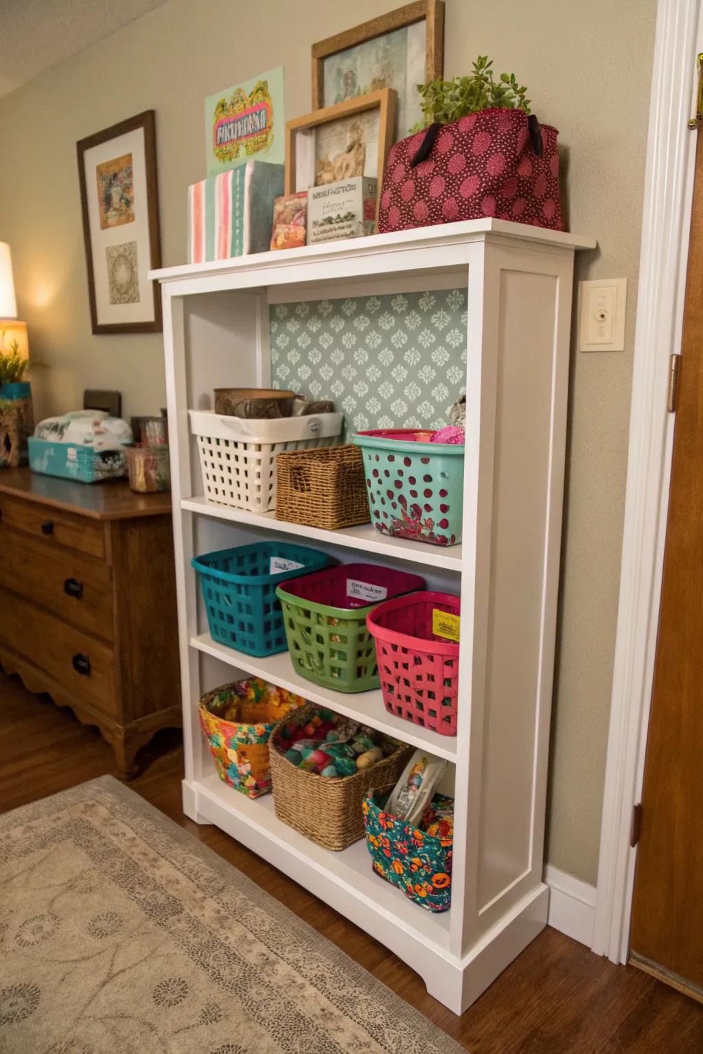 An upcycled bookshelf inventively employed for feline food storage.