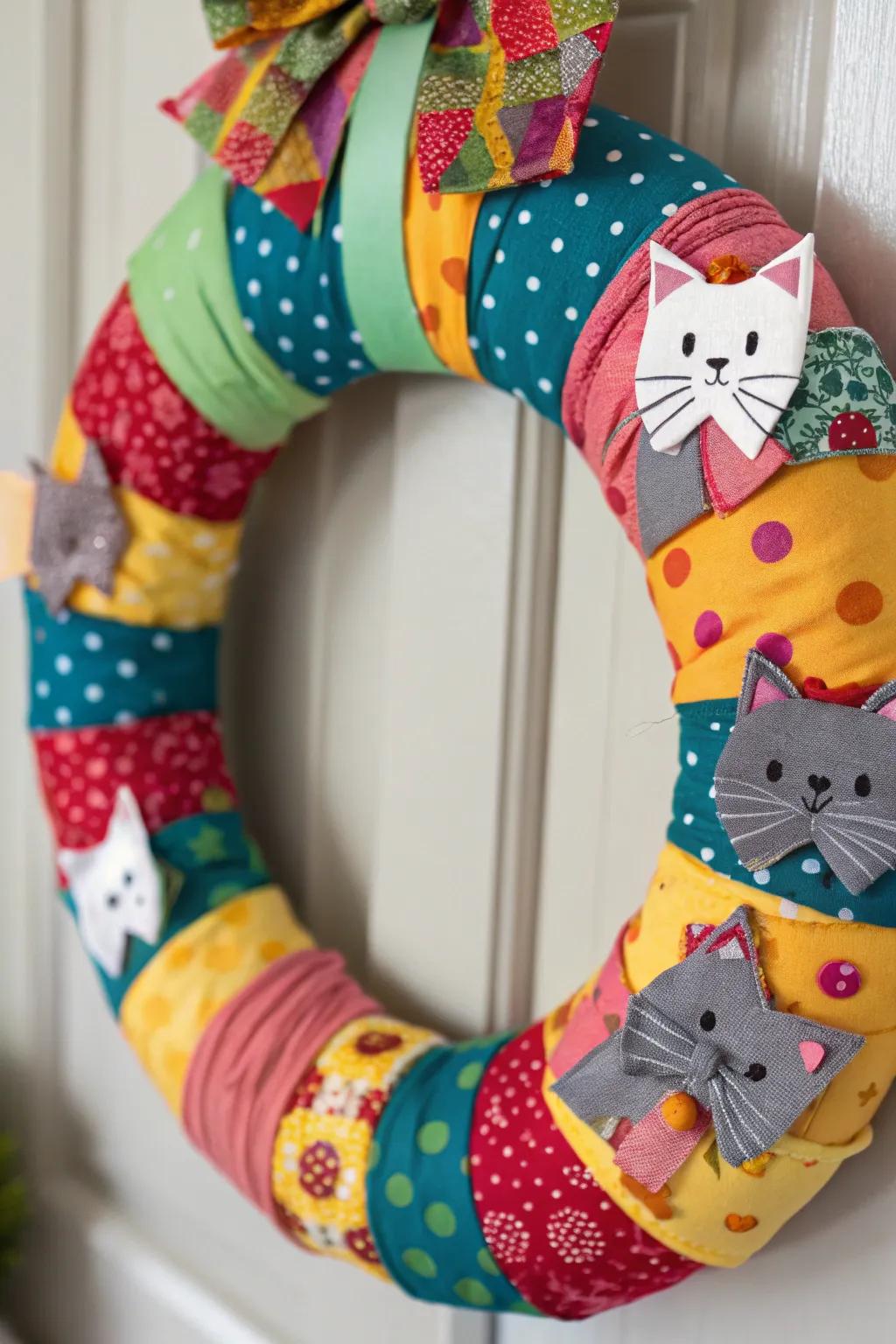 An eclectic textile feline wreath for a unique twist.