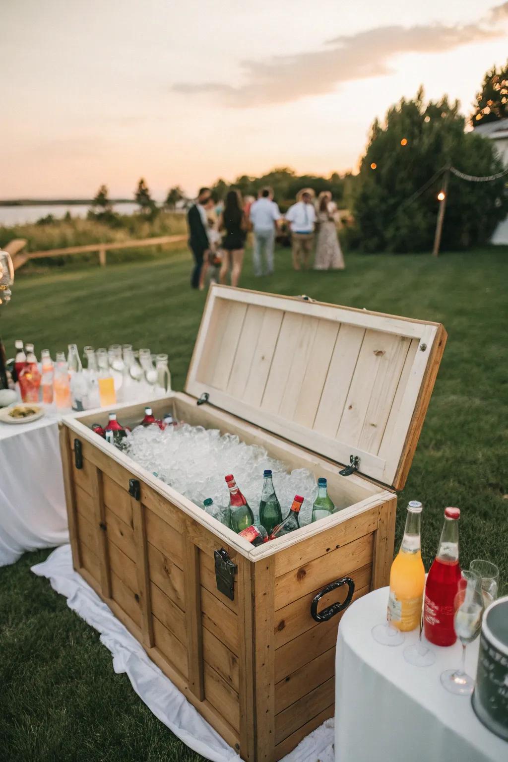 For gatherings, a cedar chest is cleverly transformed into a drink cooler.