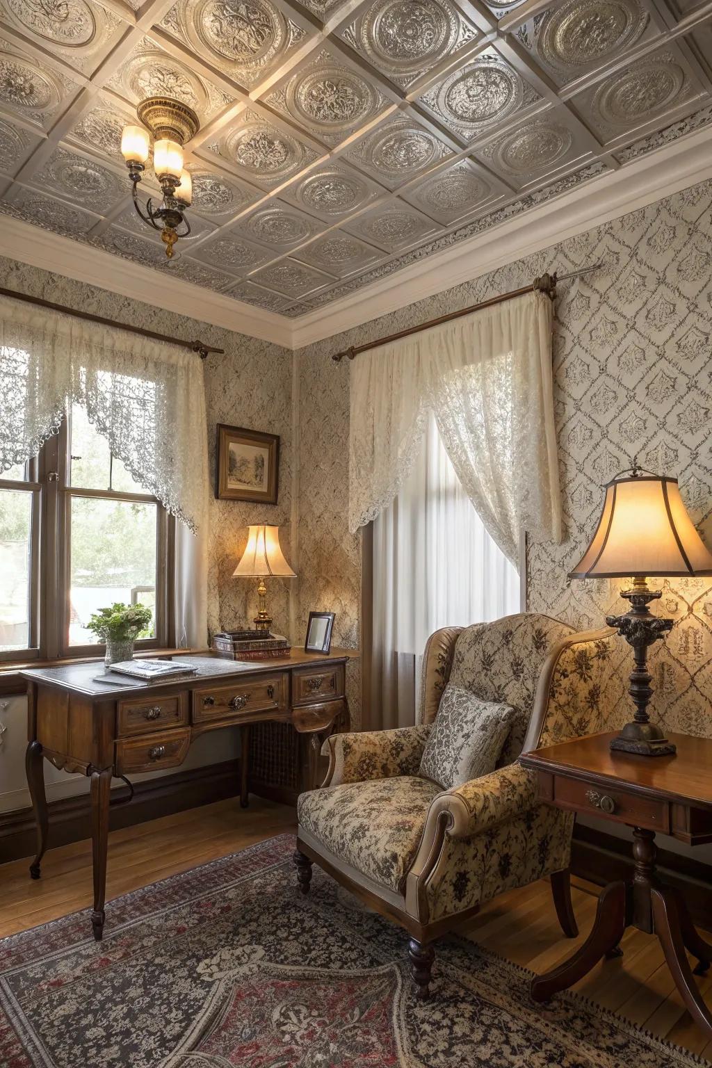 Tin ceiling boards add vintage glamour to any space.