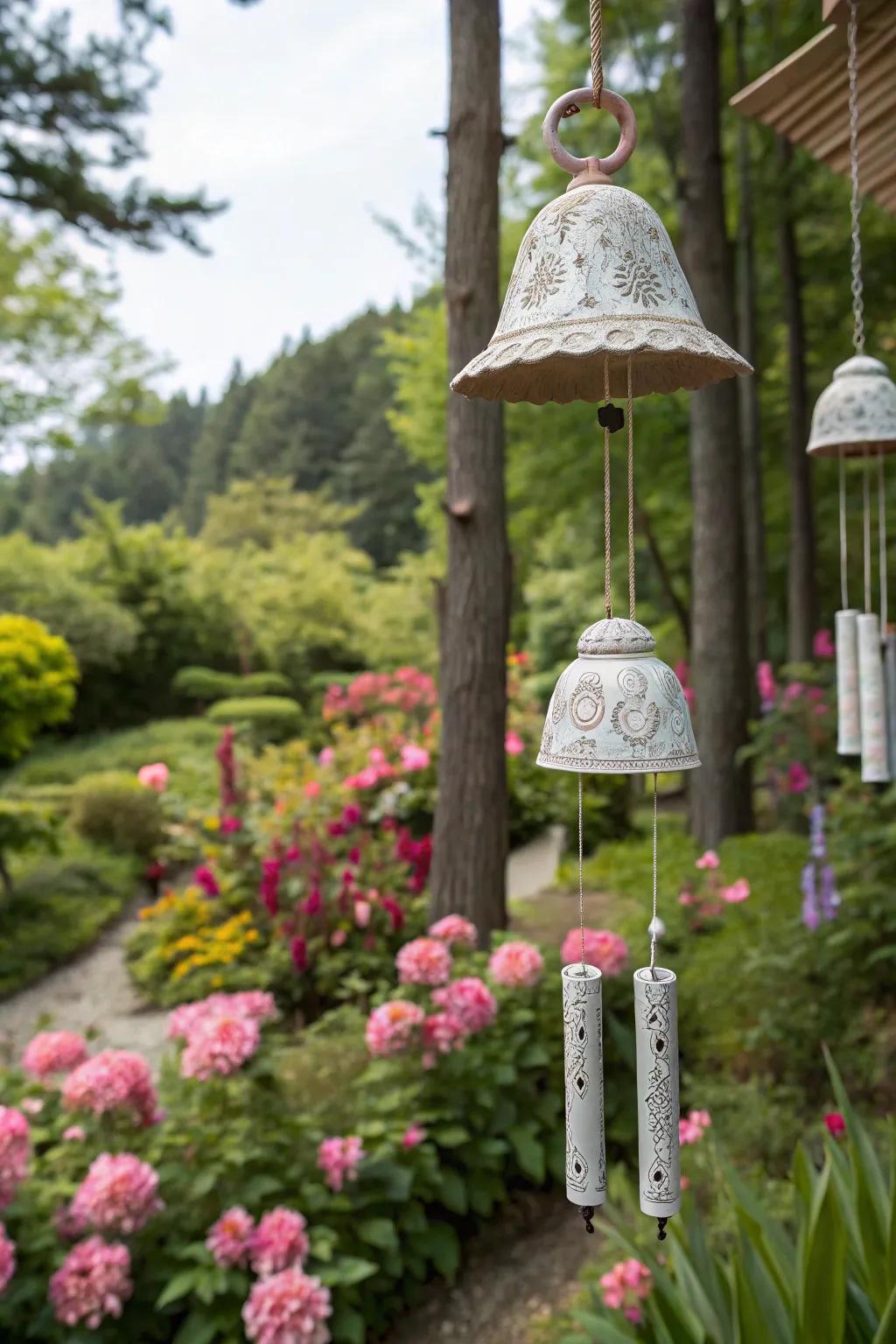Ceramic melodies create a harmonious garden atmosphere.