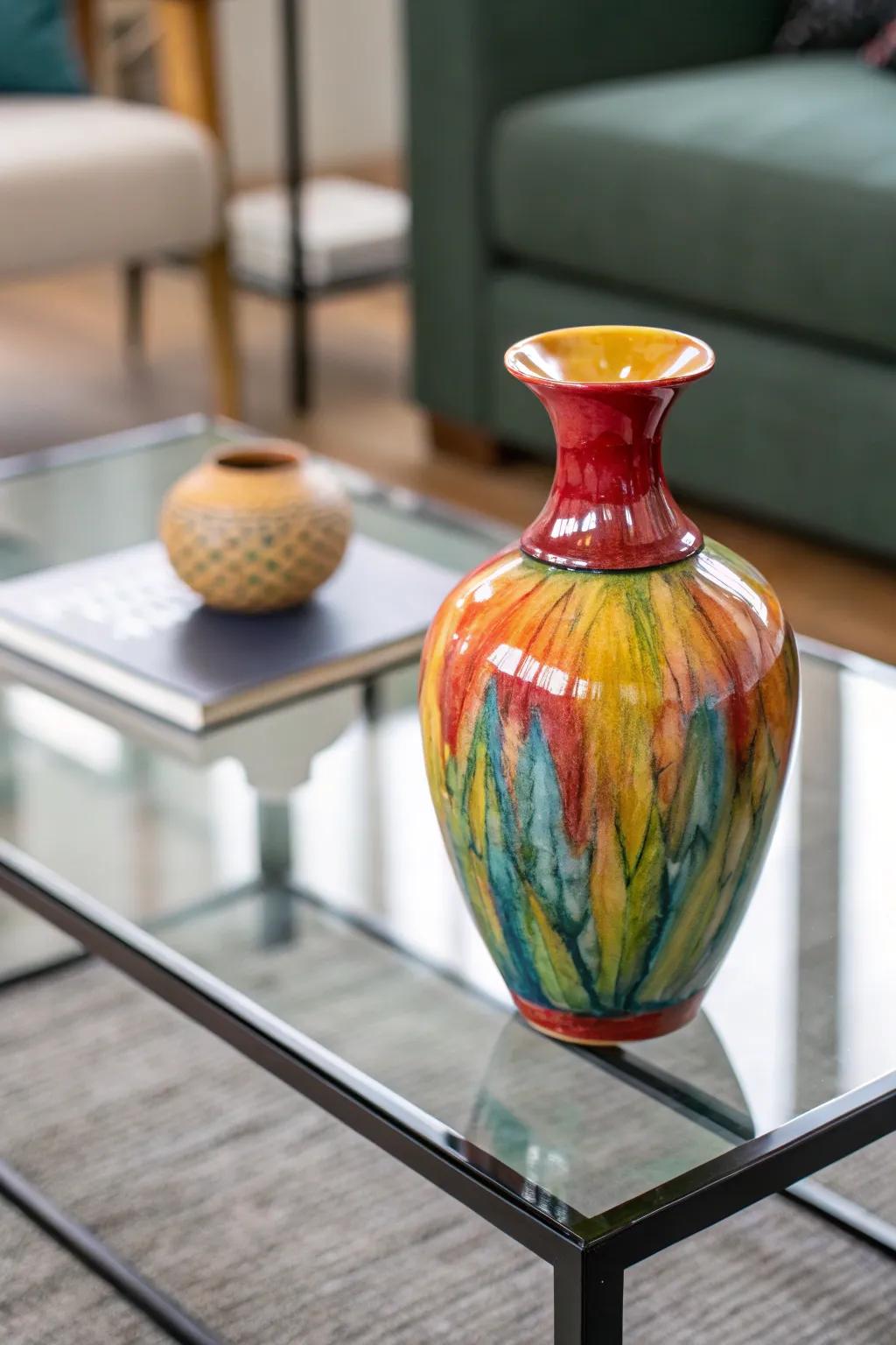 A glazed ceramic vase adds a touch of playfulness to the decor.