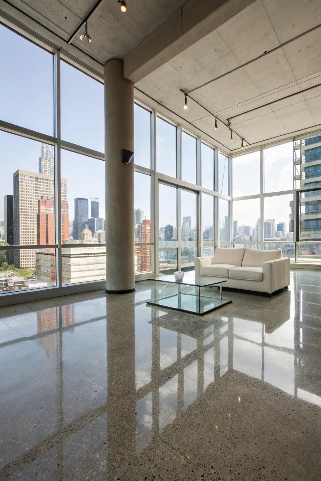 Polished concrete lends modern sophistication to expansive settings.