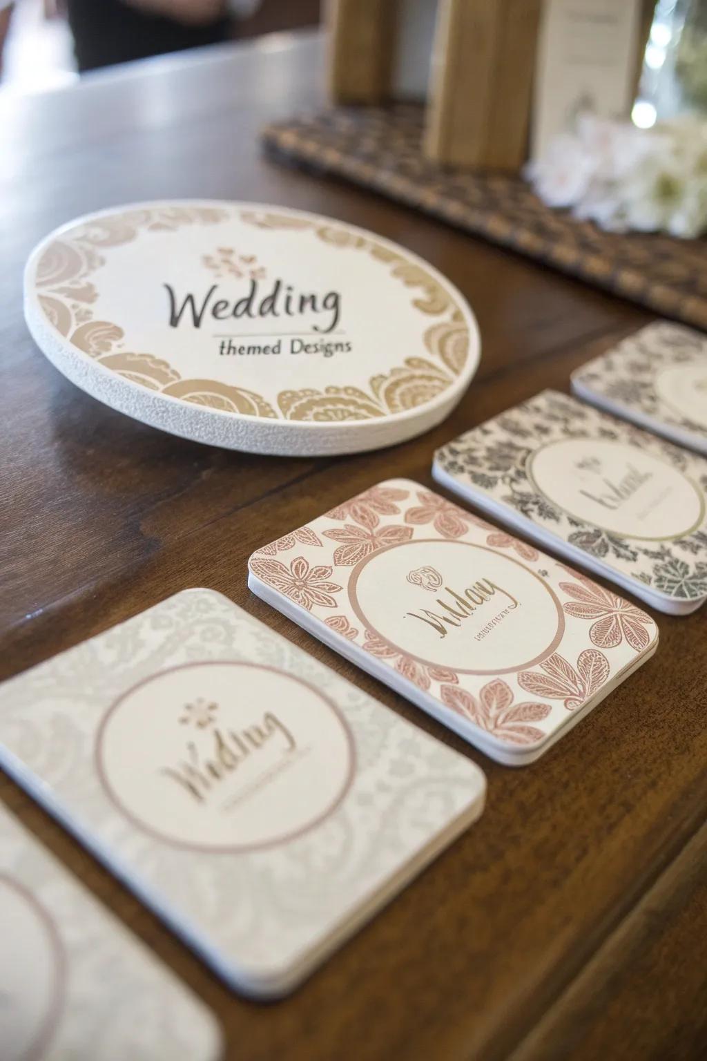 Personalized drink mats offer a practical keepsake from your wedding.