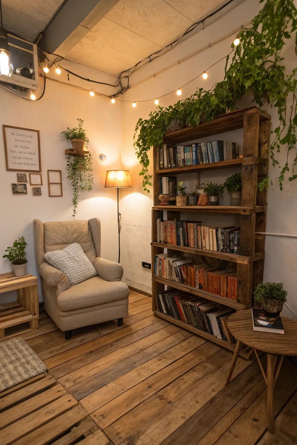 Pallet wood floors contribute an eco-friendly and rustic appeal to basement areas.