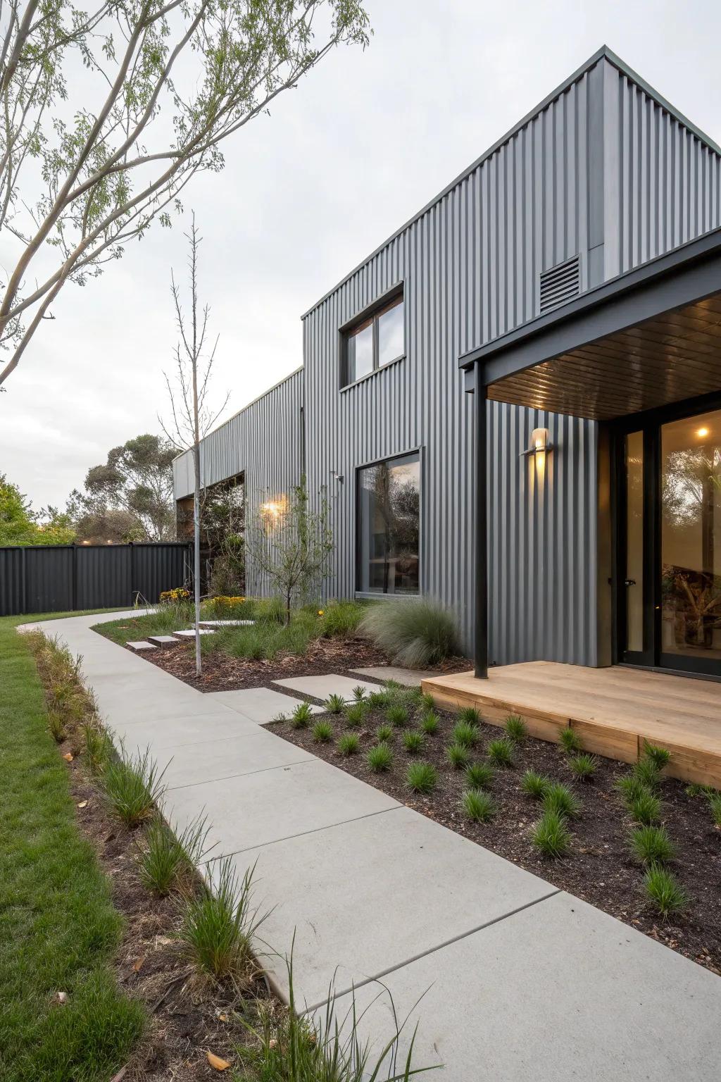 Corrugated iron siding presents a bold, industrial aesthetic.