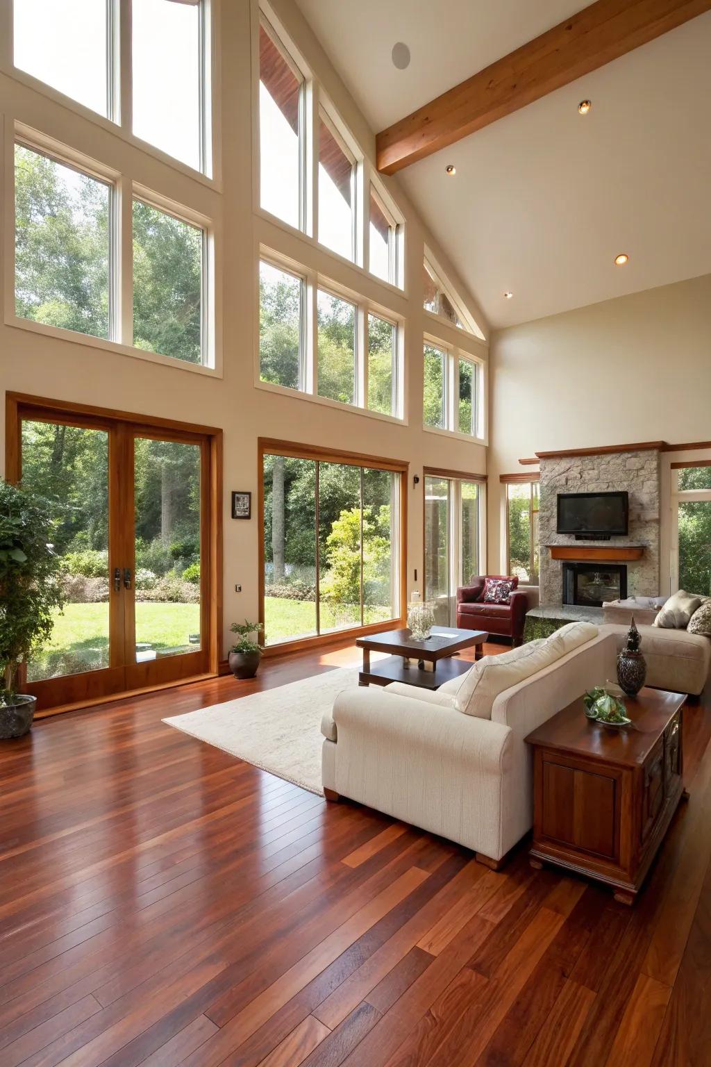 Open designs enhance the richness of mahogany wood floors.
