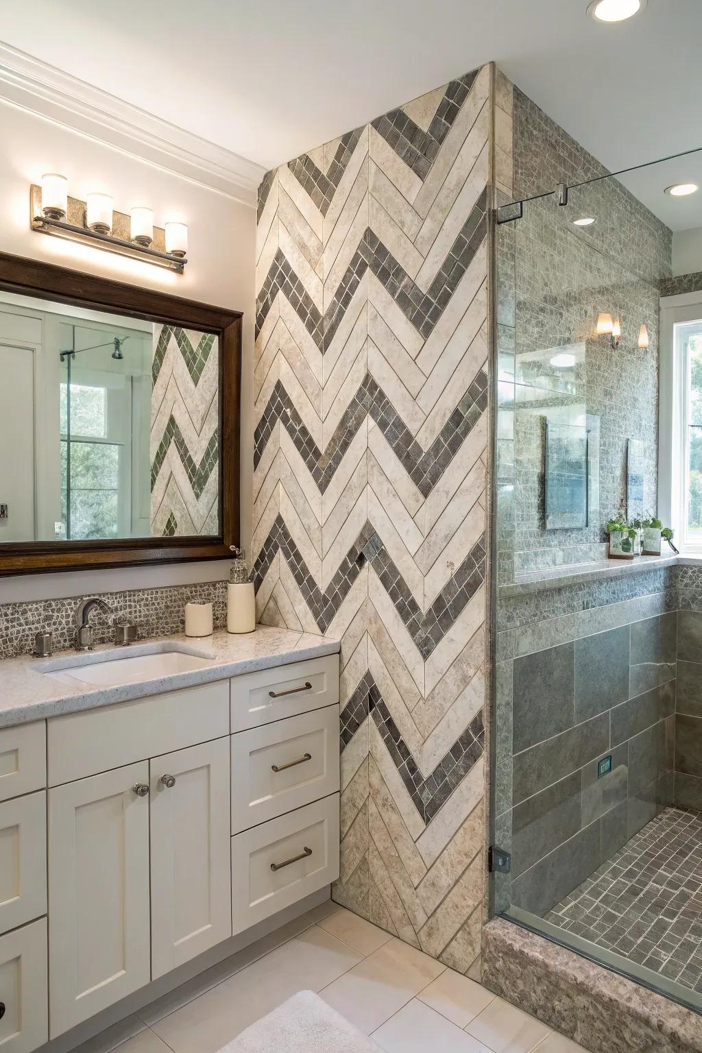 The combination of glass and stone in zigzag layout tiles gives this bathroom a posh and unique touch.