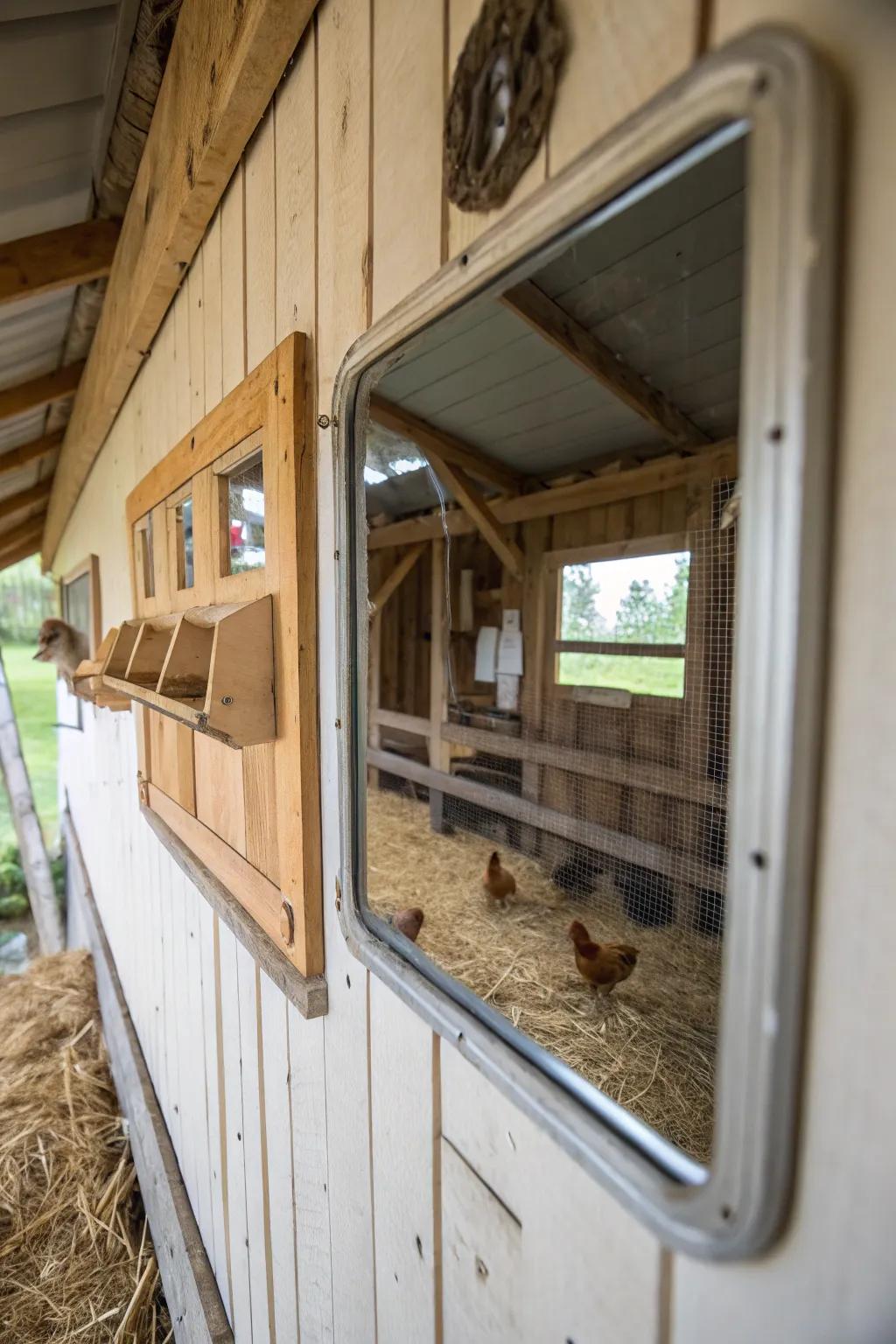 Mirrors can amuse and alleviate monotony for your hens.
