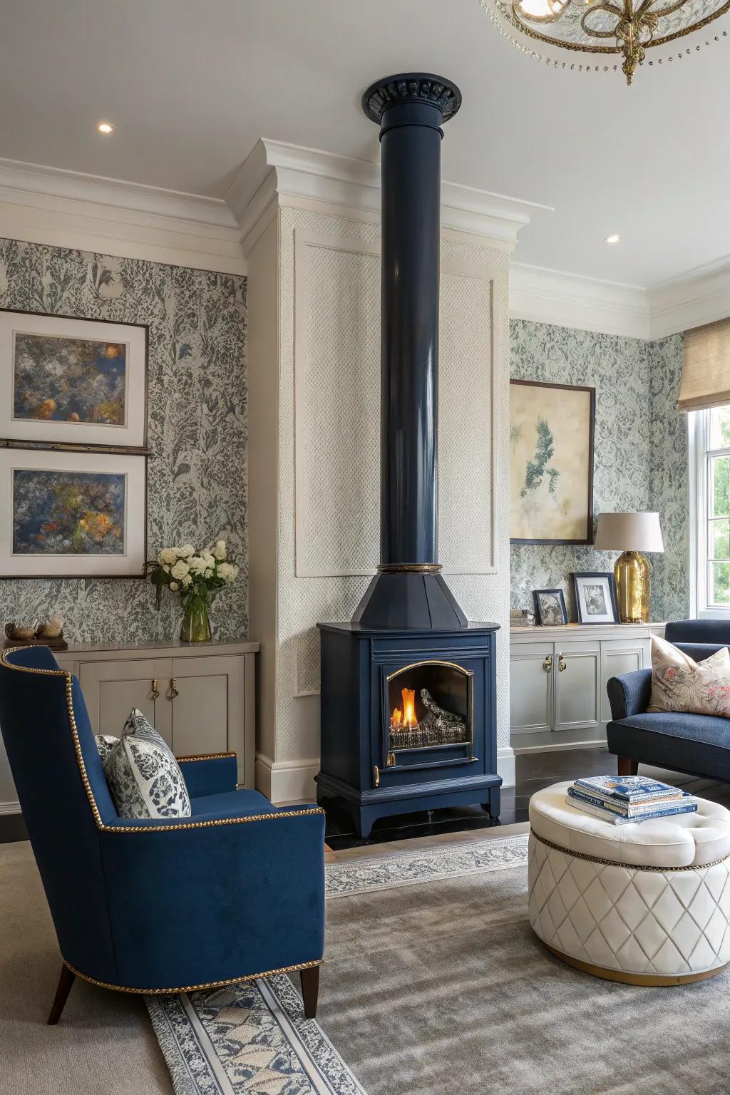 Midnight blue introduces dimension and polish, making a striking declaration in this interior.