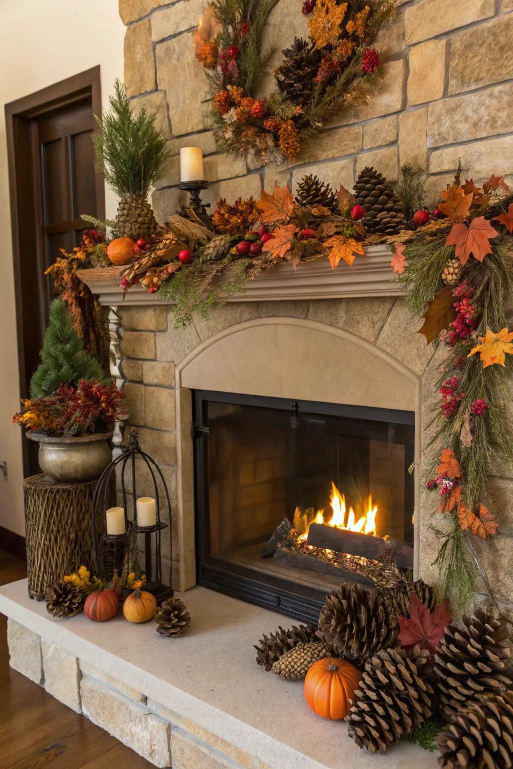 Seasonal decor surrounding the fireplace celebrates the spirit of the moment.