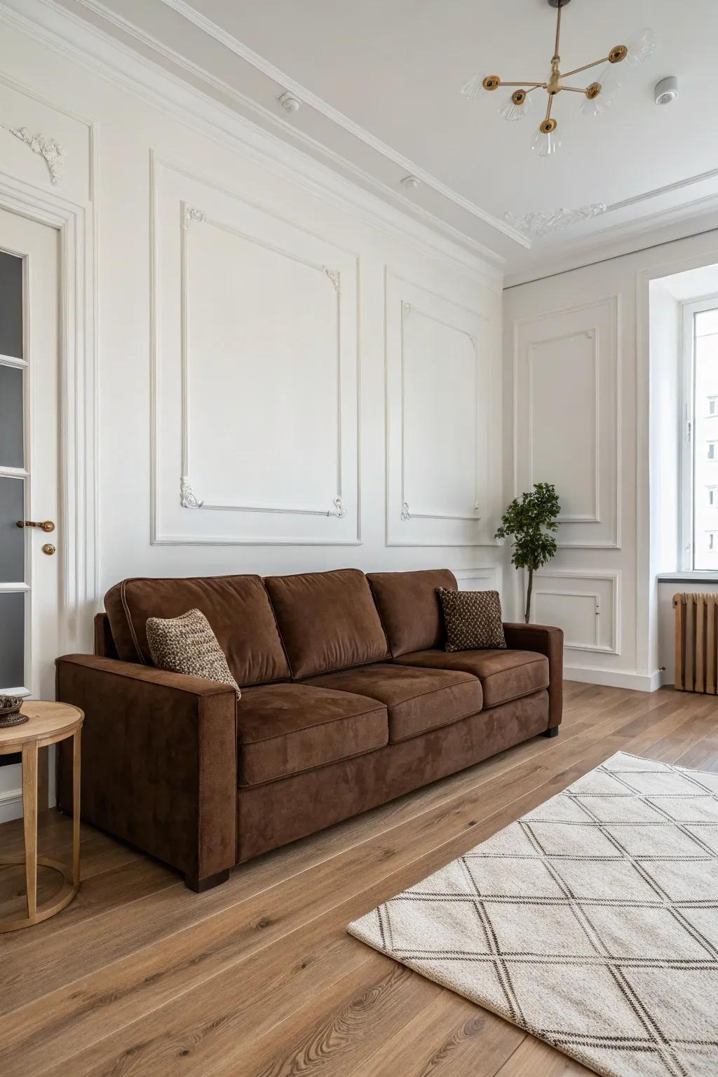 Scandinavian simplicity blends with the dark elegance of a cocoa sofa.