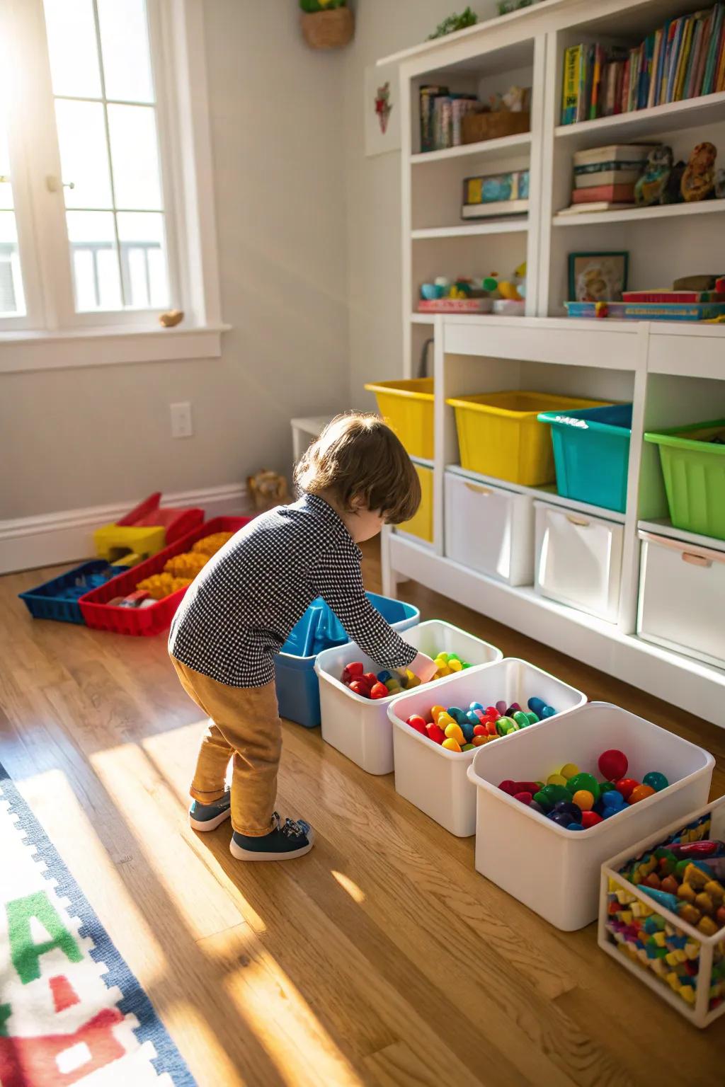 A child tidying up their play space, learning organizational skills.