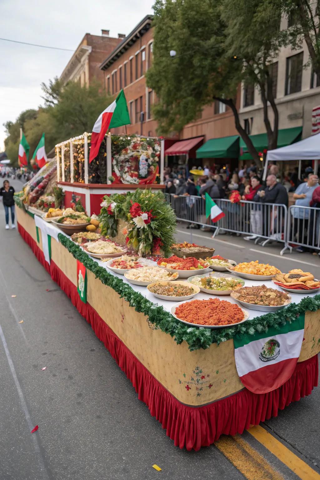 Italian Holiday Banquet float featuring overflowing tables of classic dishes.