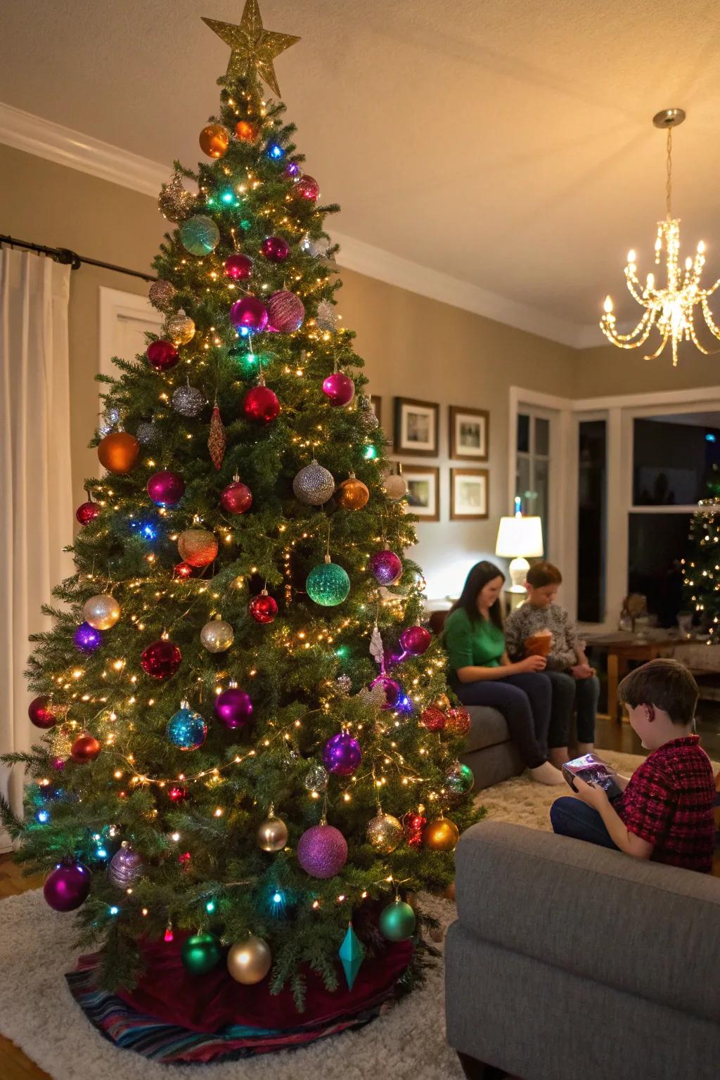 A hue explosion extravaganza Christmas bauble tree that's vibrant and replete with joy.