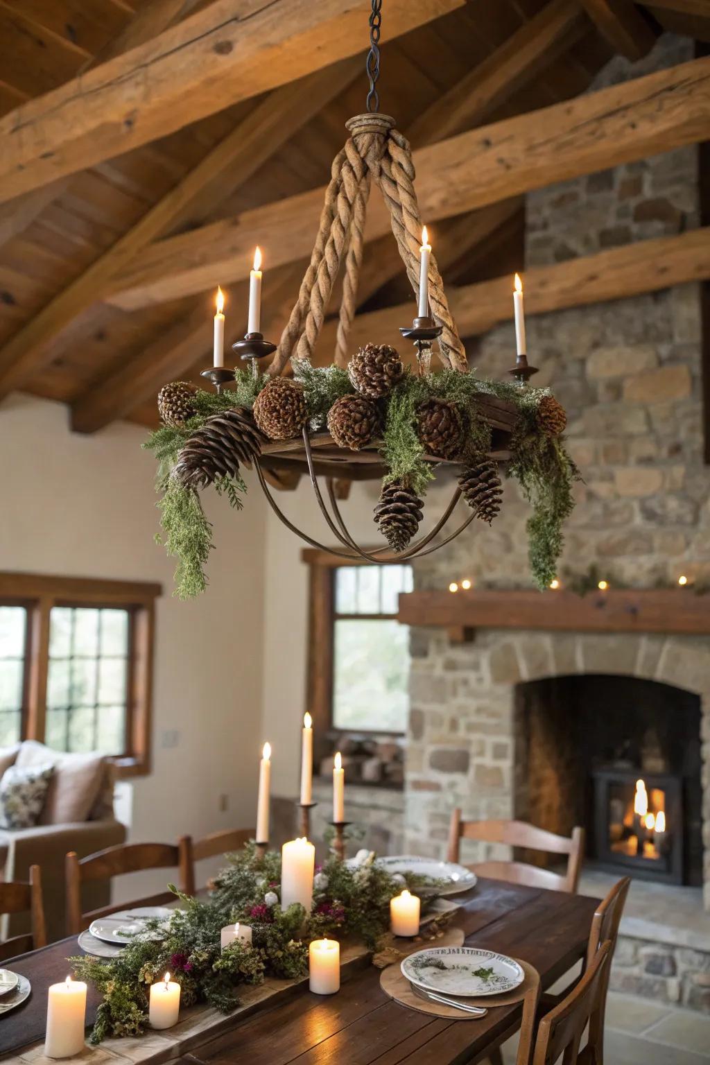 Fir cones and twine bestow a countryside charm to a chandelier.