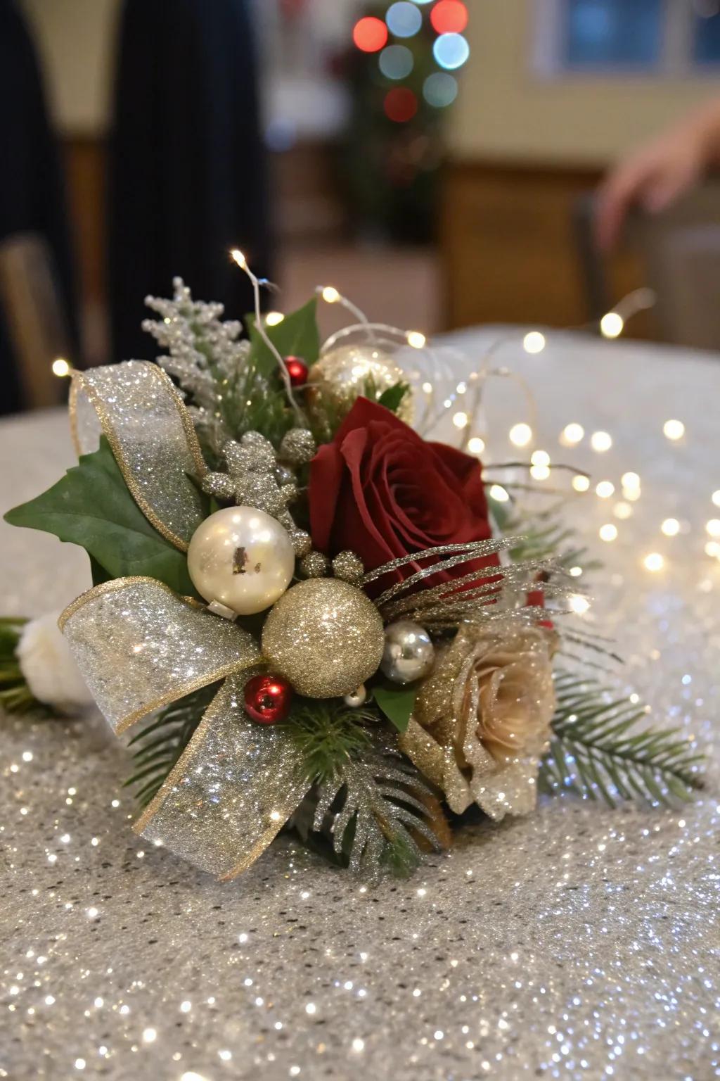 A glamorous Christmas posy accentuated with sparkling elements.