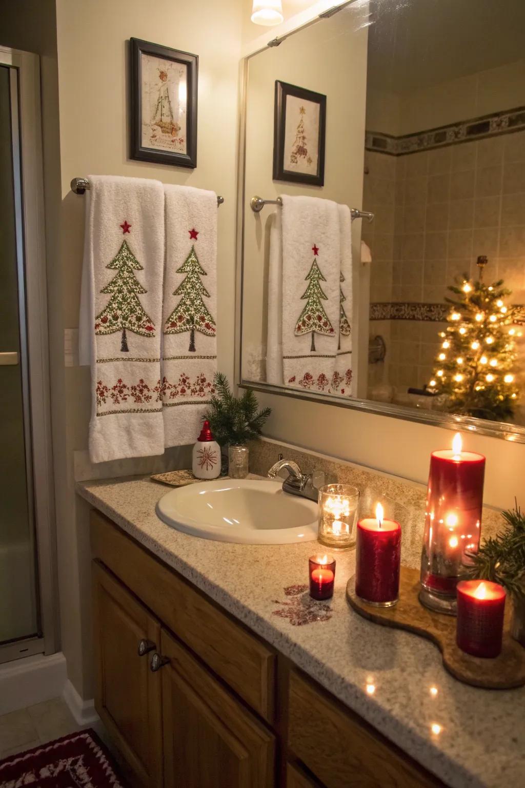 A celebratory nuance in the washroom with tapered lights and themed cloths.