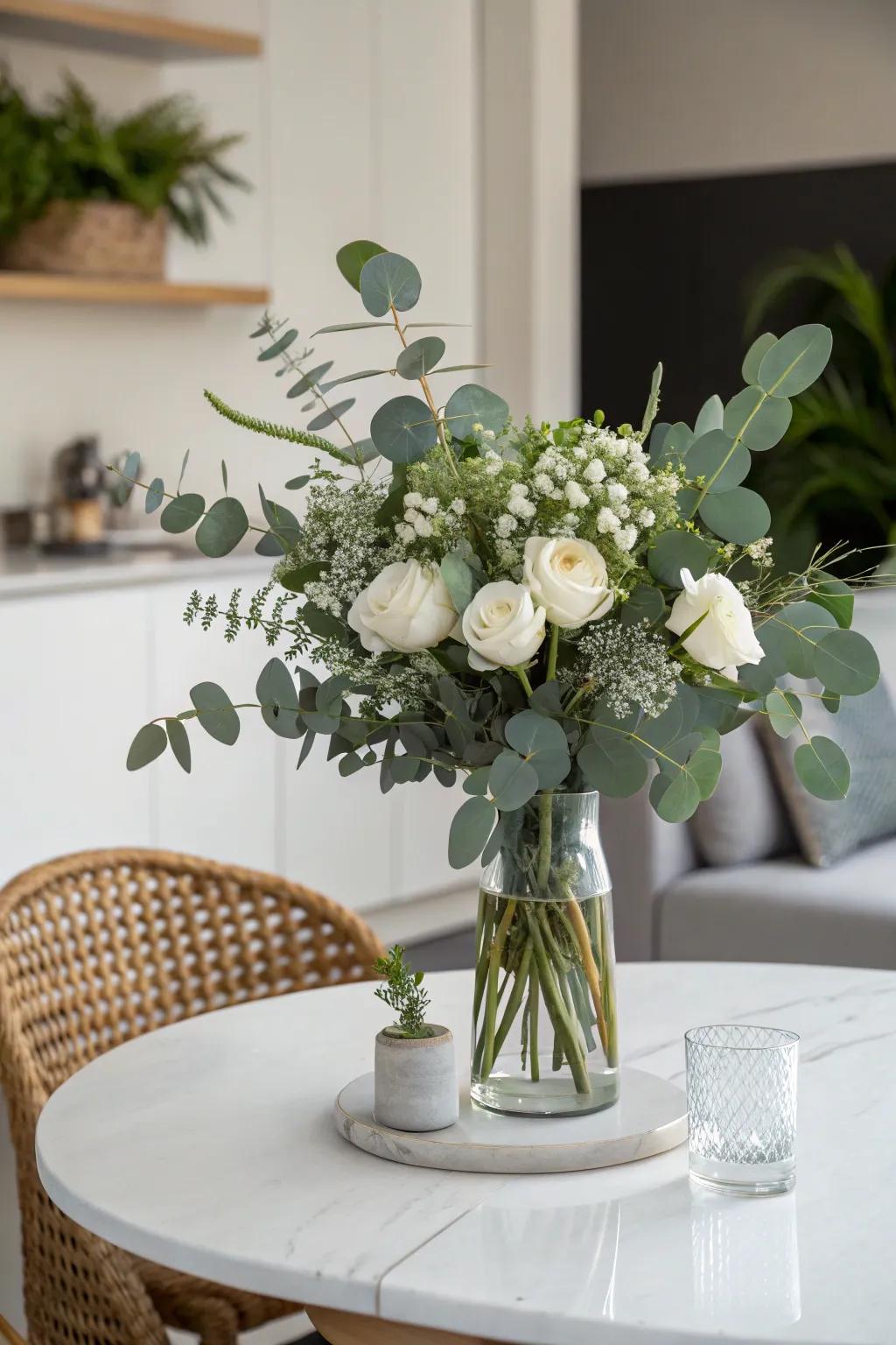 Gum foliage and alabaster blooms proffer a rejuvenated, modern vibration.