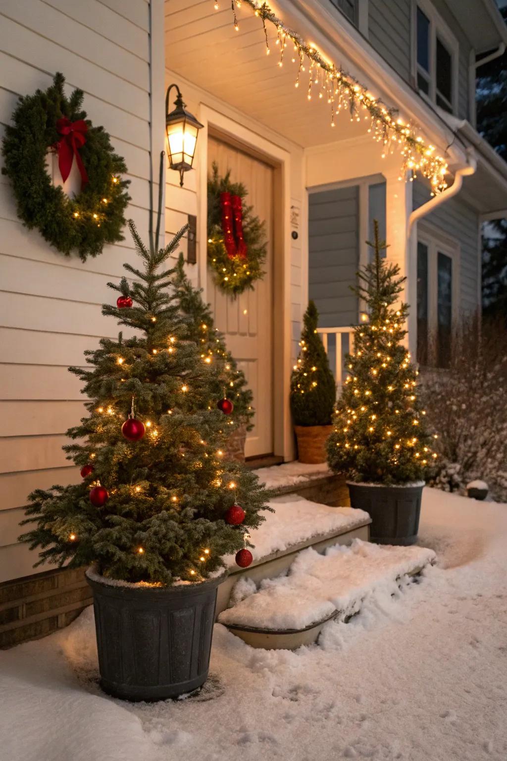 Miniature Christmas trees crafting an endearing holiday scene.