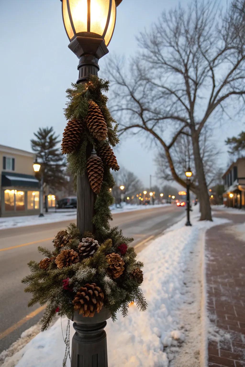A pinecone collection gives a rustic charm to a lamp post.