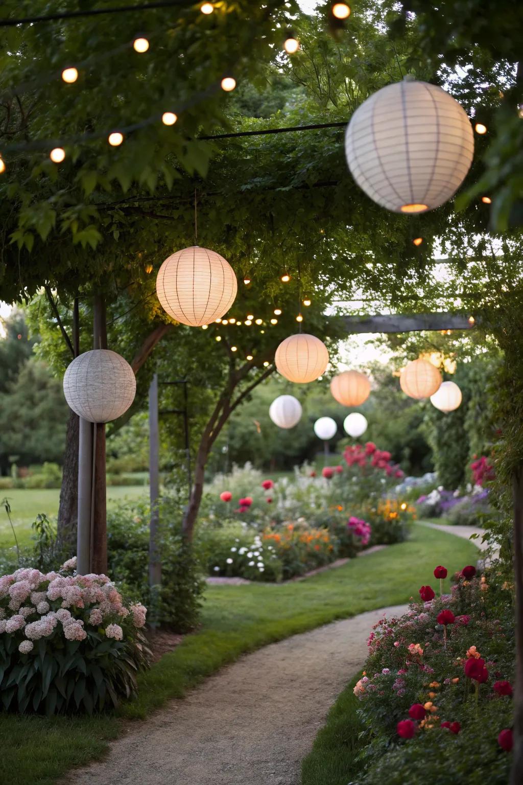 Radiance globes beautifully enhancing the garden's festive atmosphere.