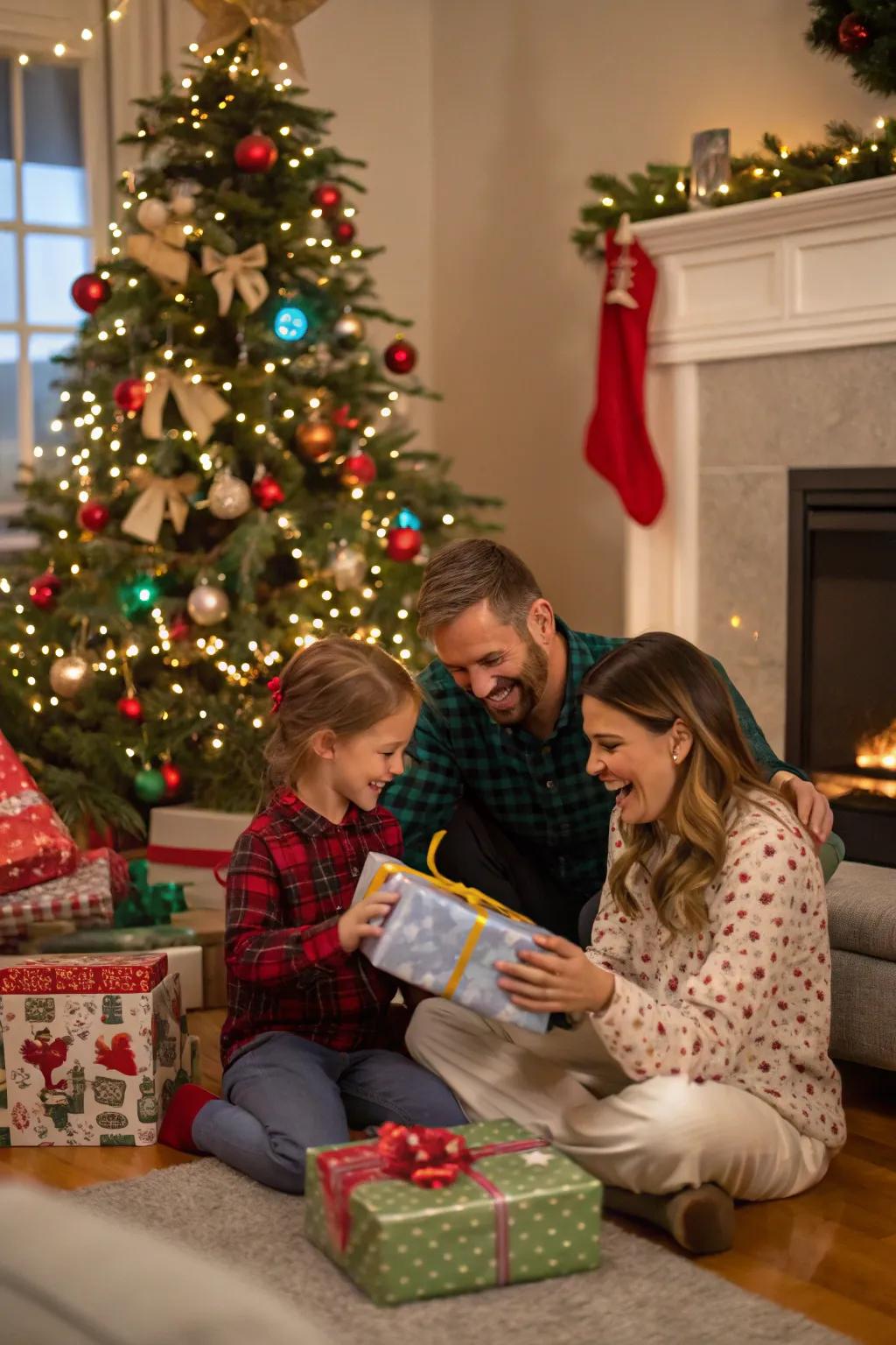 The enchantment of Christmas morning caught as a family discovers gifts under the tree.