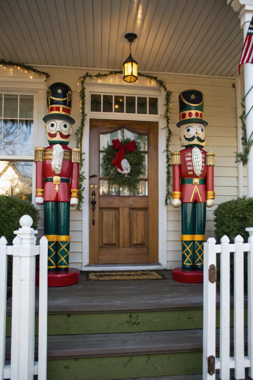 Nut soldier statues inject a playful nuance into the porch access.