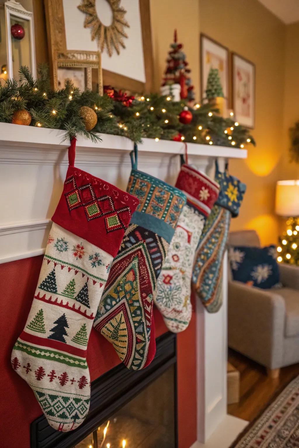Culturally-inspired patterns bring a global flair to holiday stockings.