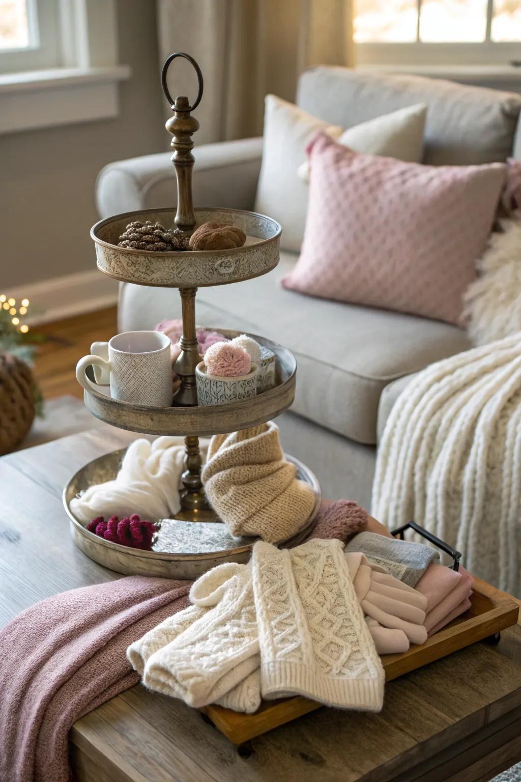 Comfy knits and fabrics bring warmth to this multi-level display.