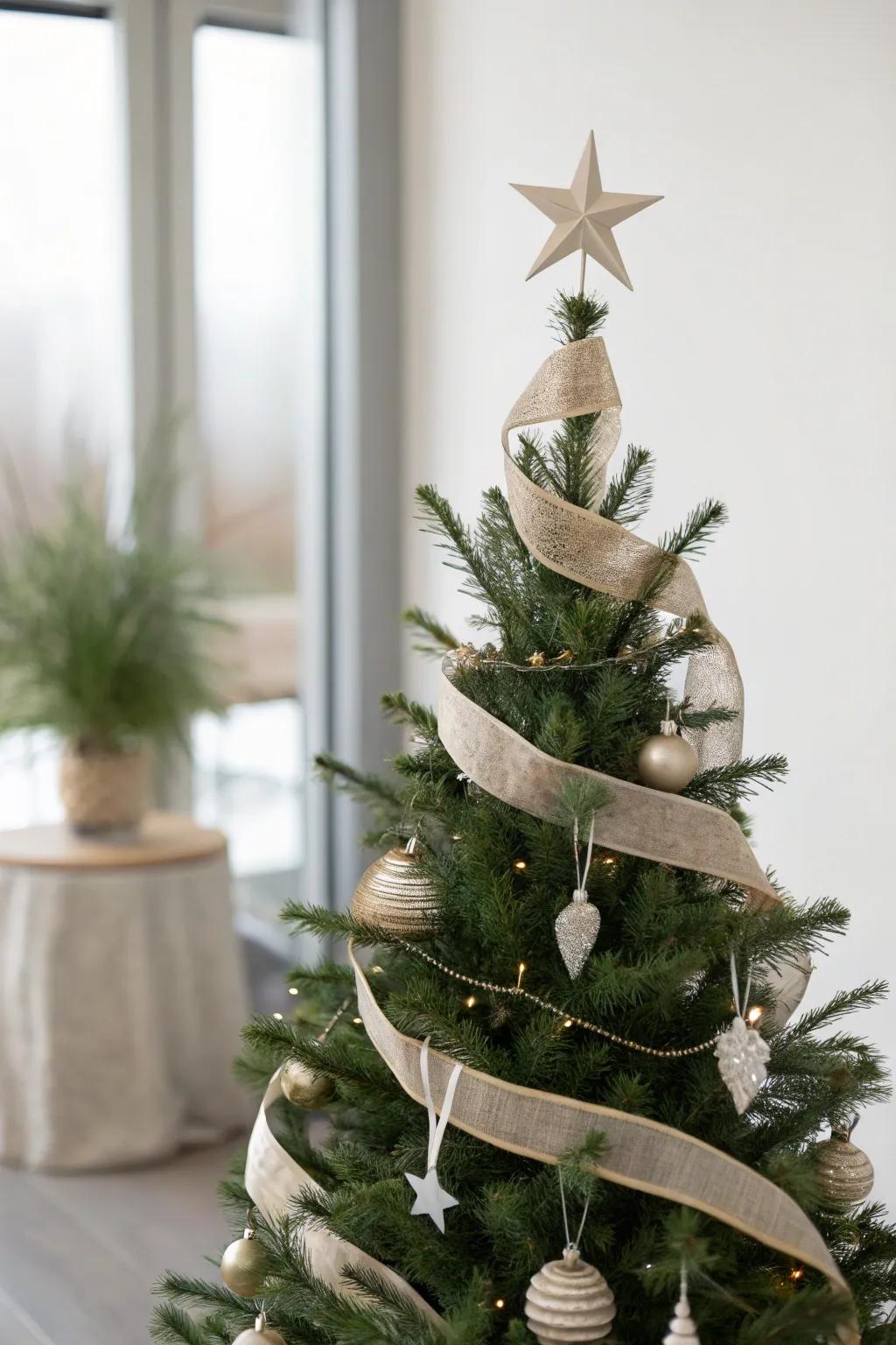 A Christmas tree with minimalist wraps, highlighting the tree's inherent elegance.
