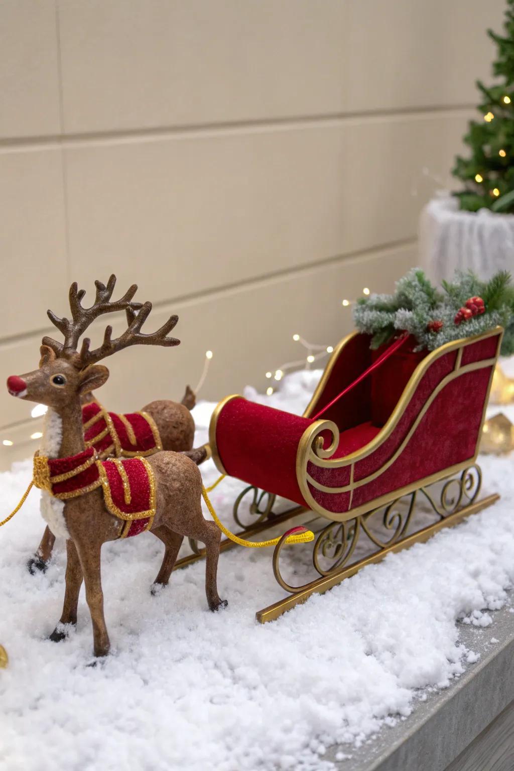 An imaginative Santa’s sleigh display featuring reindeer and snow.
